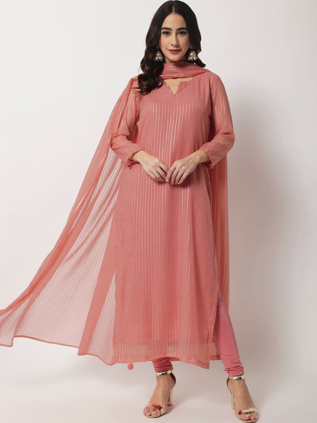 

anokherang Women Pink Striped Kurta with Churidar & Dupatta