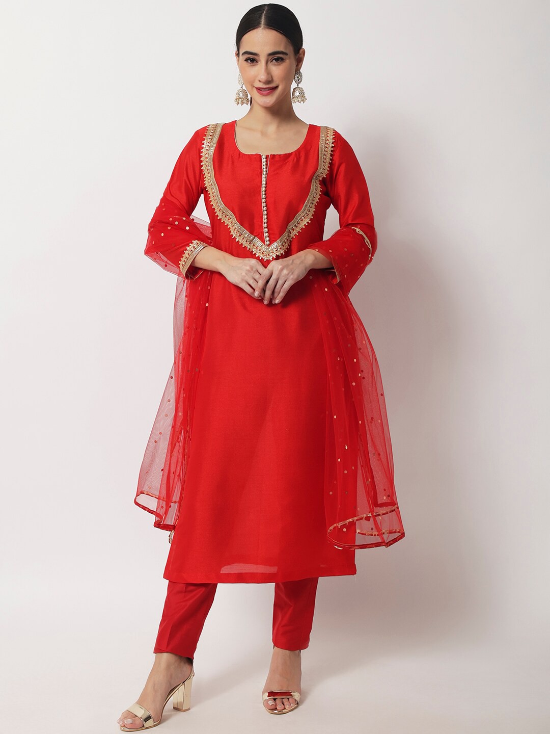 

anokherang Women Red Gotta Patti Kurta with Trousers & With Dupatta