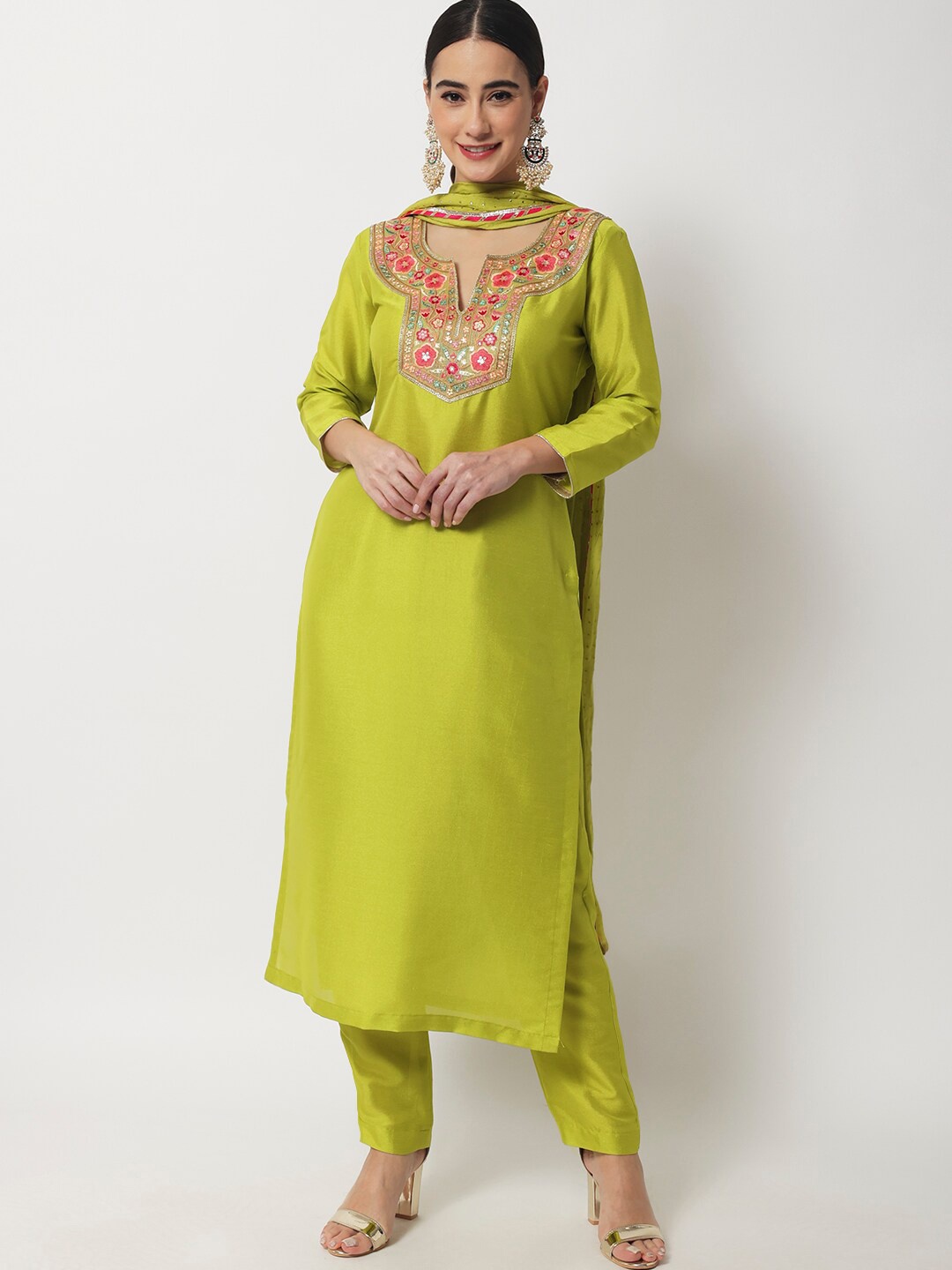 

anokherang Women Lime Green Floral Embroidered Kurta with Trousers & With Dupatta