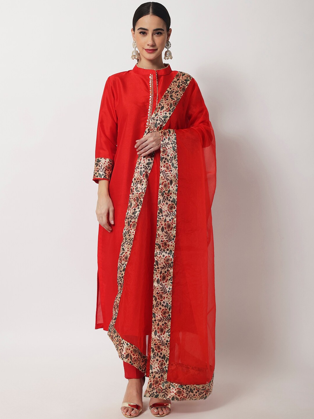 

anokherang Women Red Floral Printed Gotta Patti Kurta with Trousers & Dupatta