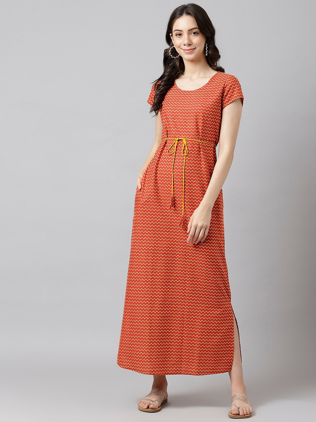 

DECKEDUP Maroon & Yellow Printed Cotton Maxi Dress