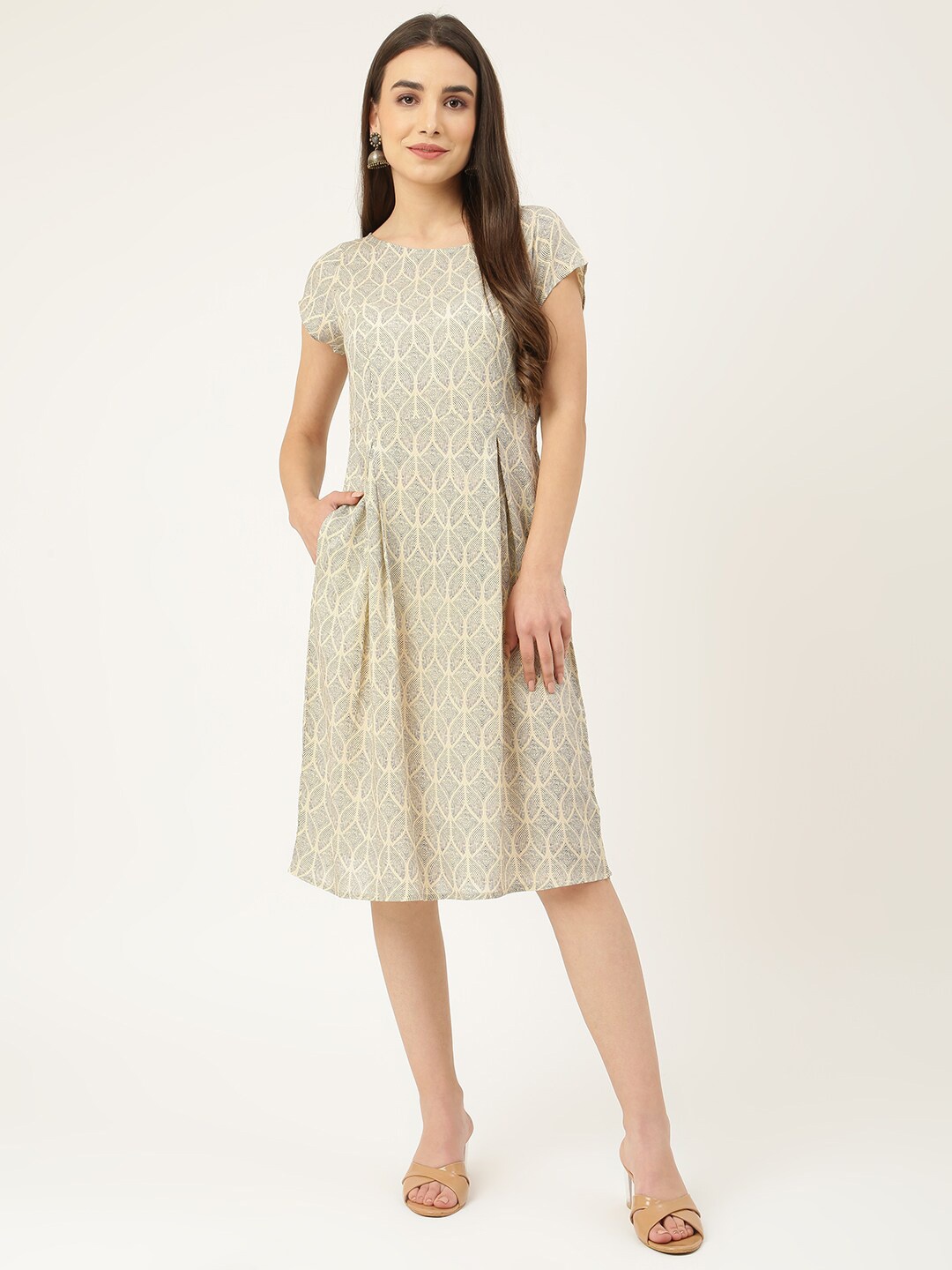 

DECKEDUP Cream-Coloured & Black Printed A-Line Dress