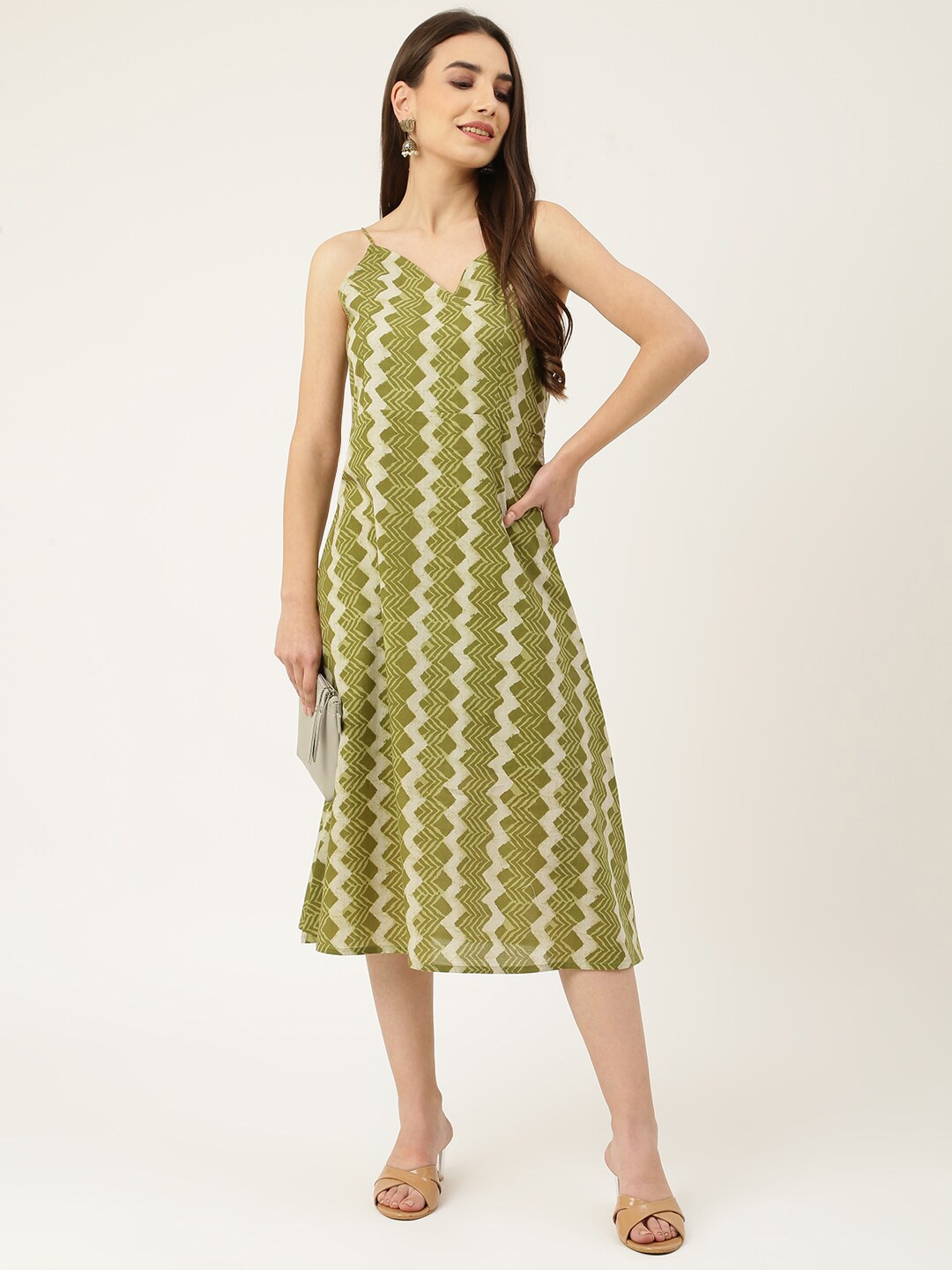

DECKEDUP Green & Beige Printed Cotton A-Line Midi Dress
