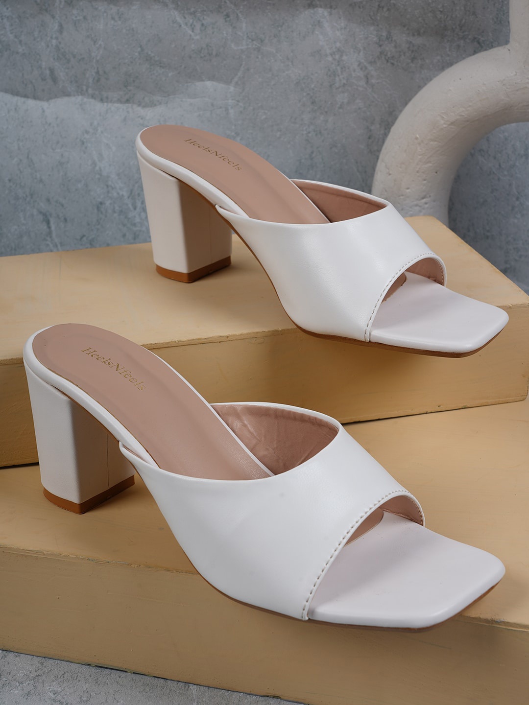 

HEELSNFEELS White Solid Block Heels