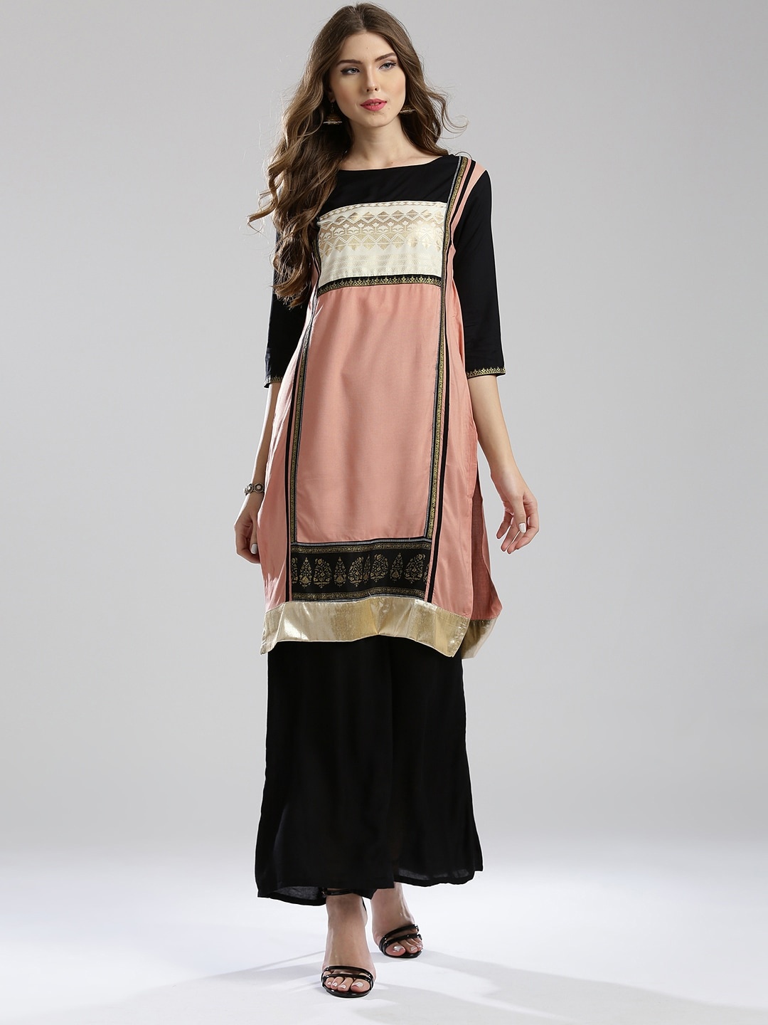 

W Women Pink & Black Colourblocked Straight Sustainable Kurta