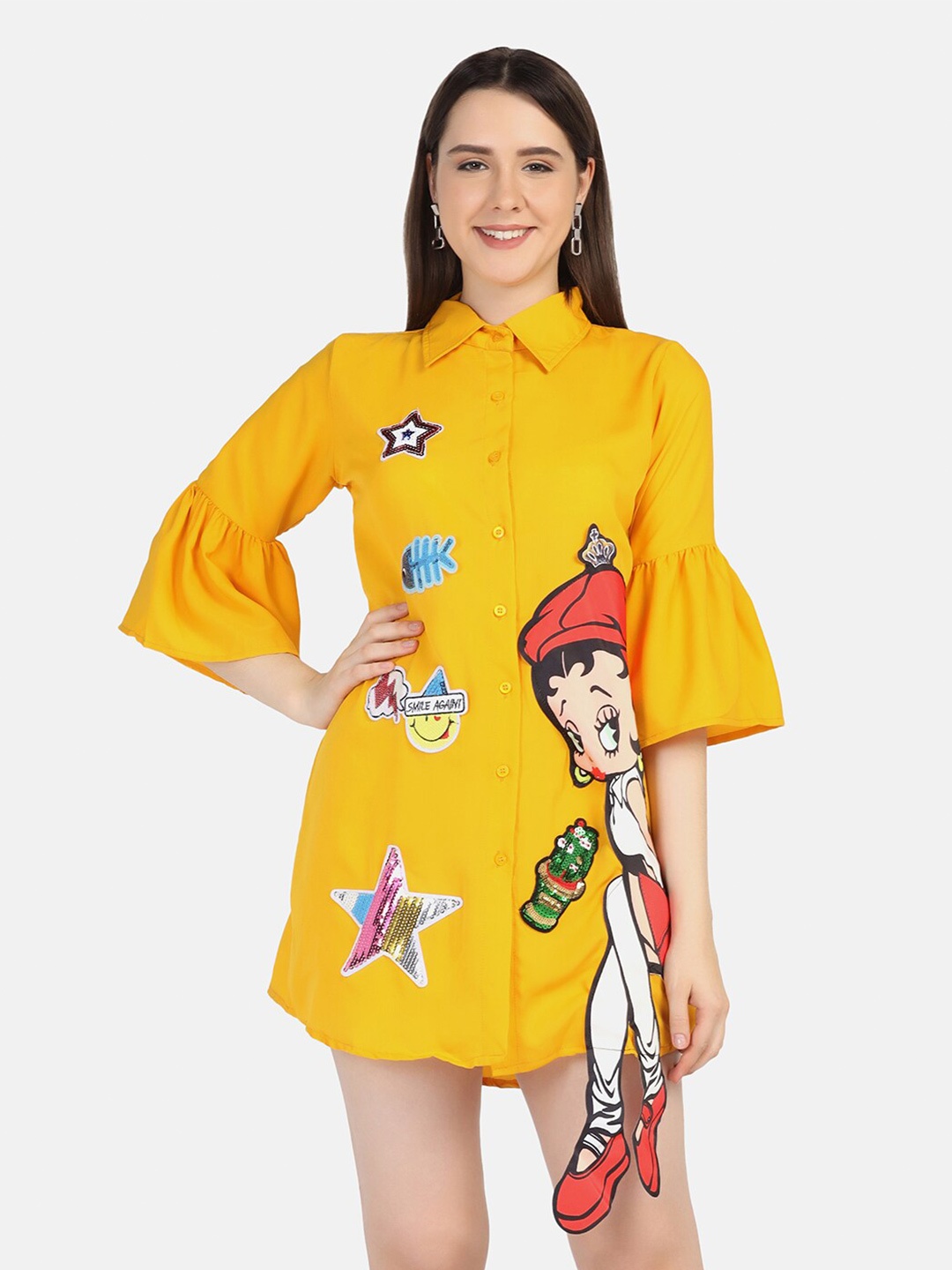 

BUY NEW TREND Women Yellow Crepe Shirt Dress