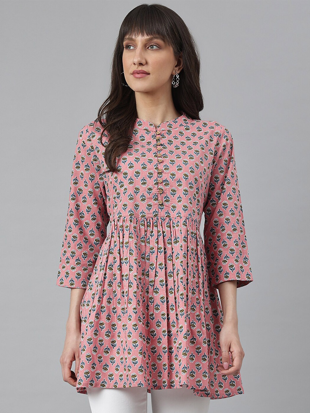 

DECKEDUP Pink & Yellow Floral Printed Mandarin Collar Longline Top