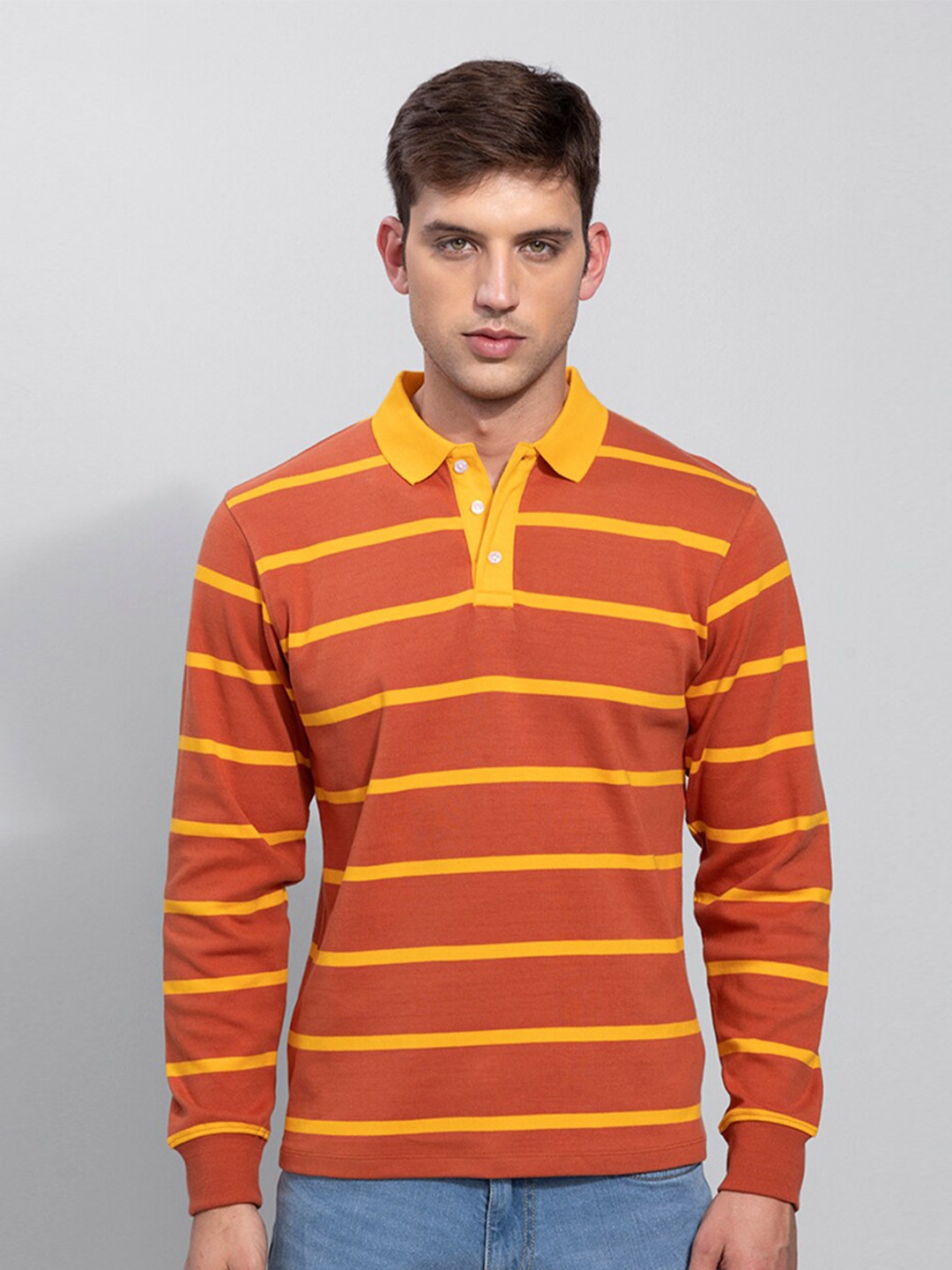 

Snitch Men Orange Striped Cotton Polo Collar T-shirt