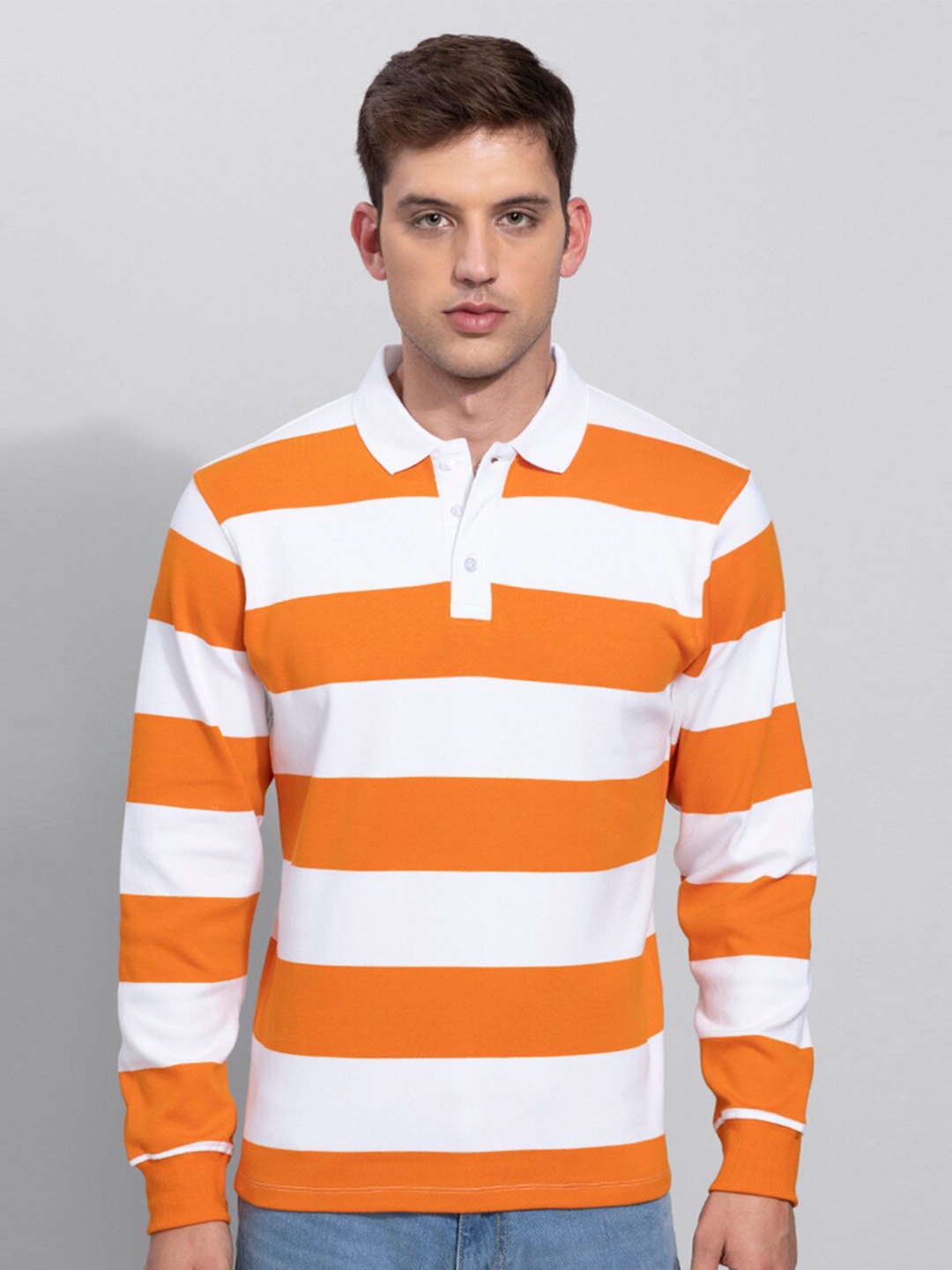 

Snitch Men Orange Striped Cotton Polo Collar T-shirt