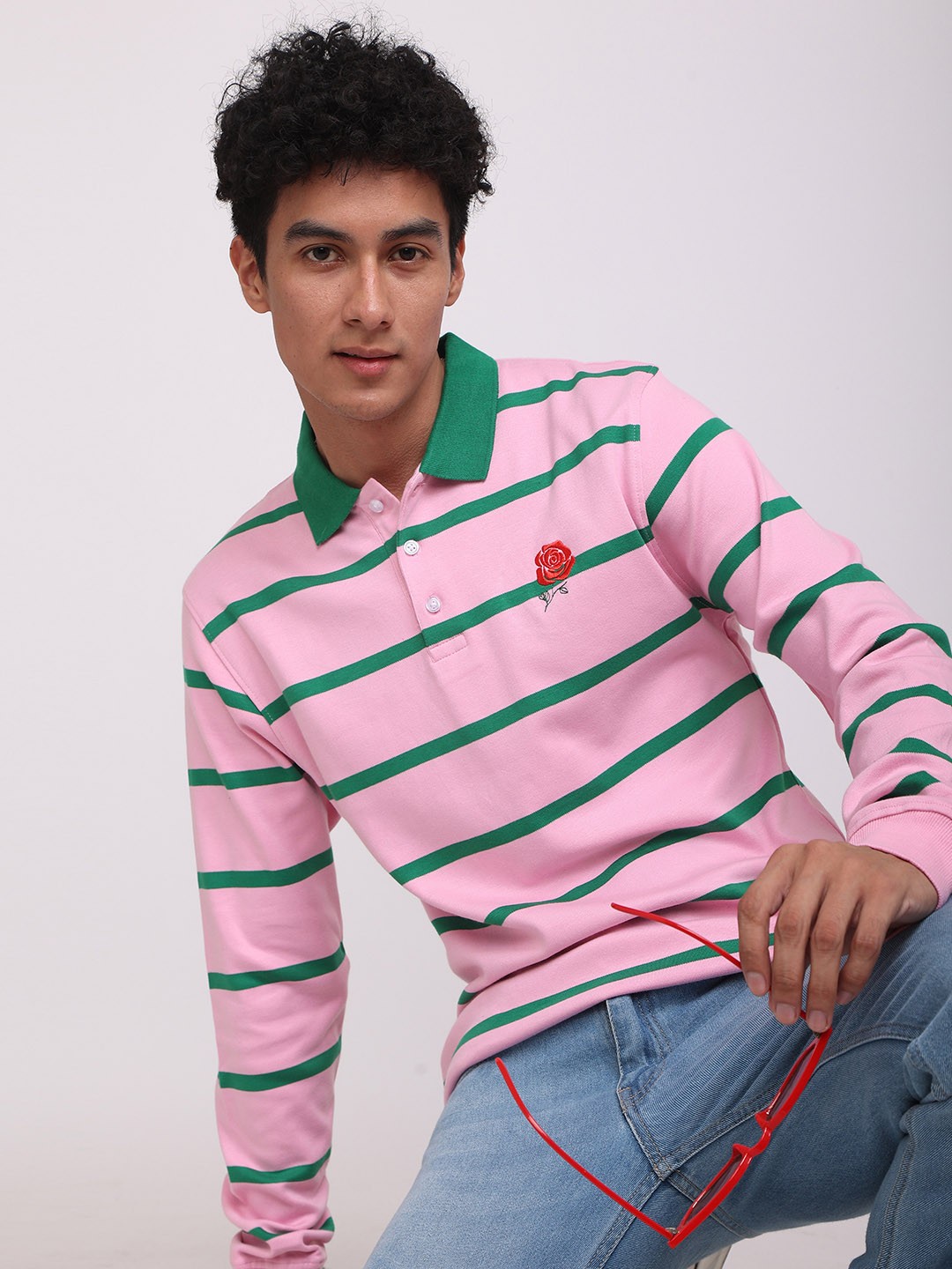 

Snitch Men Pink Striped Polo Collar T-shirt
