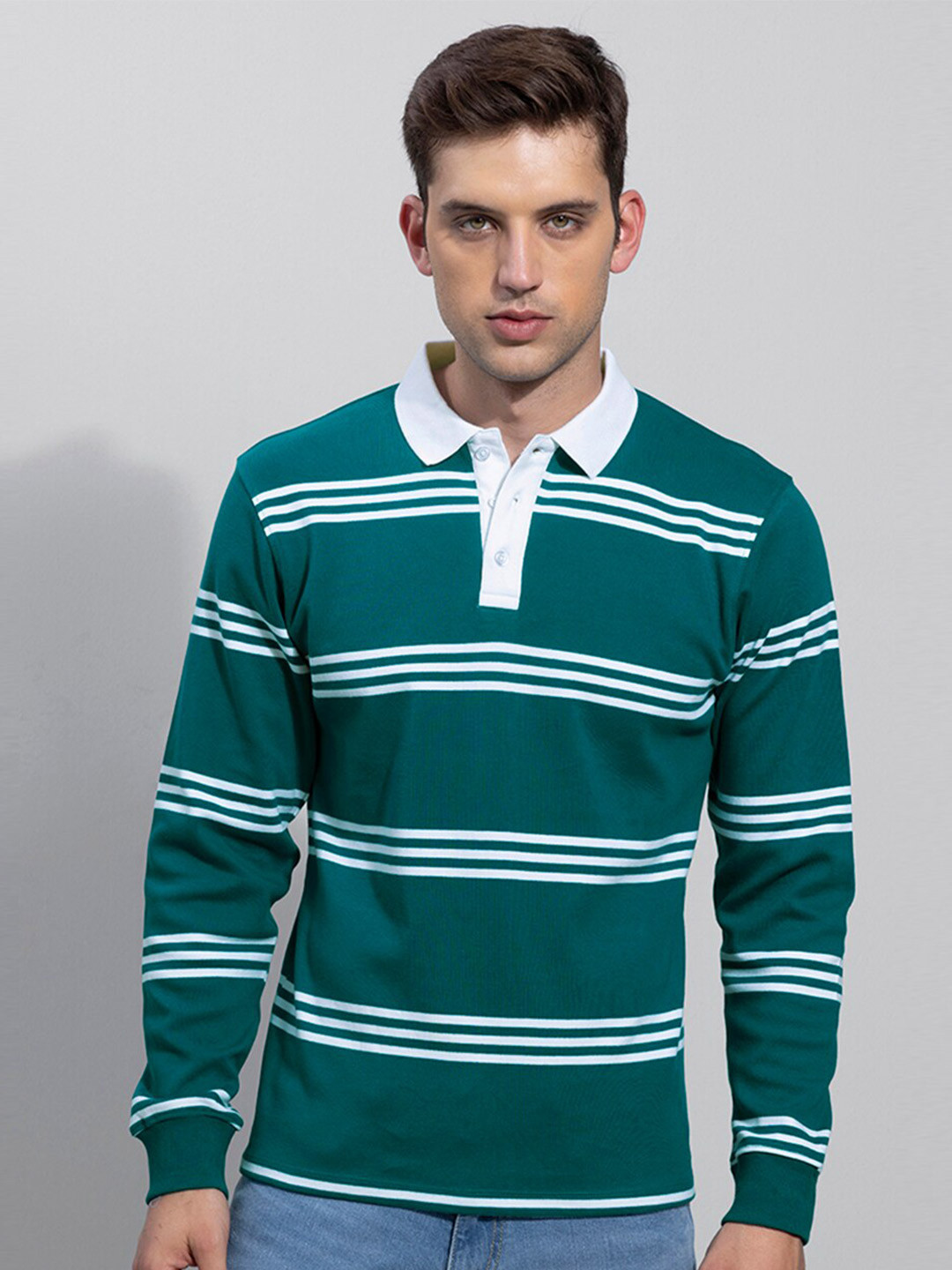 

Snitch Men Teal & White Striped Polo Collar T-shirt