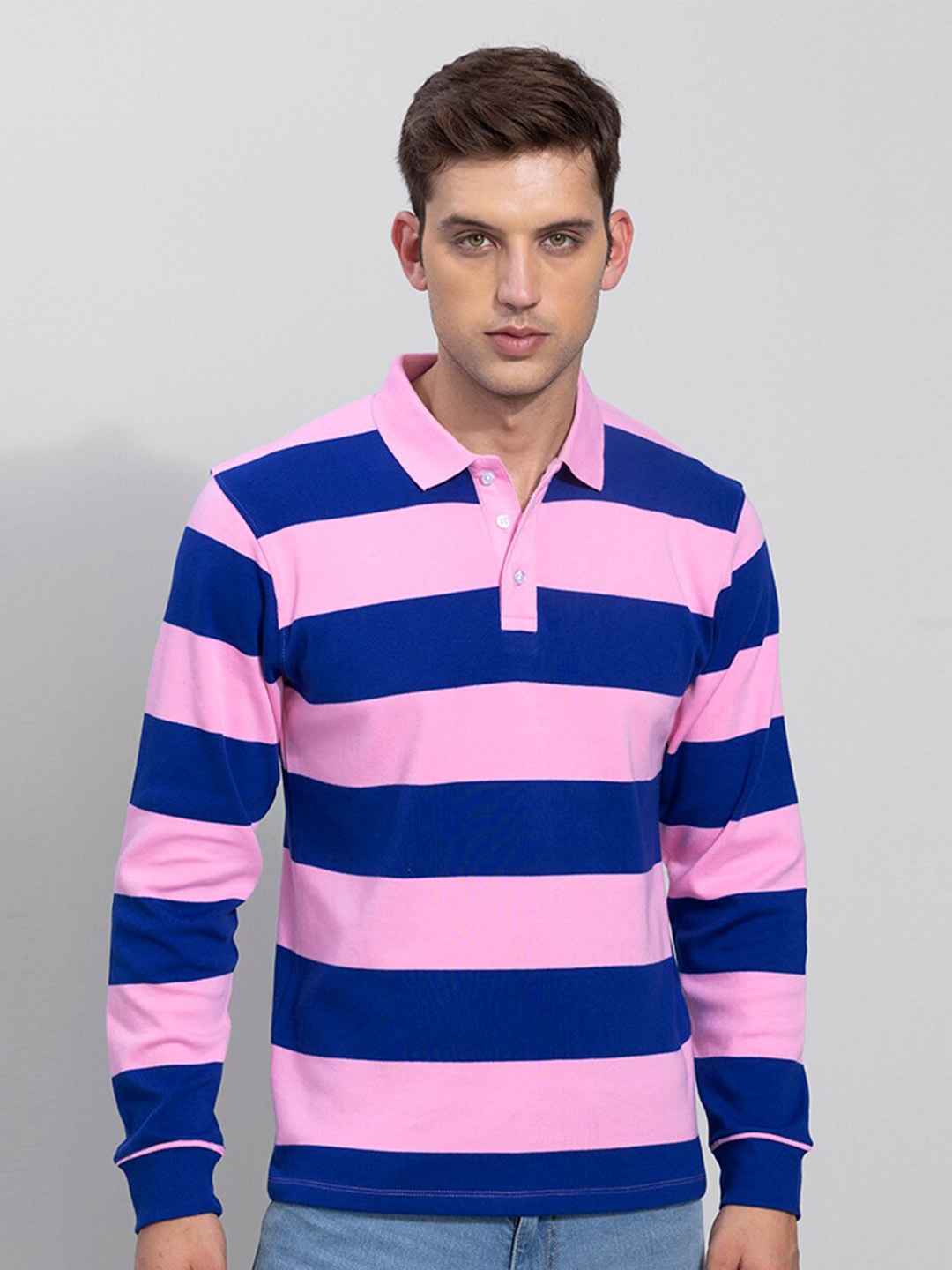 

Snitch Men Blue & Pink Striped Polo Collar T-shirt