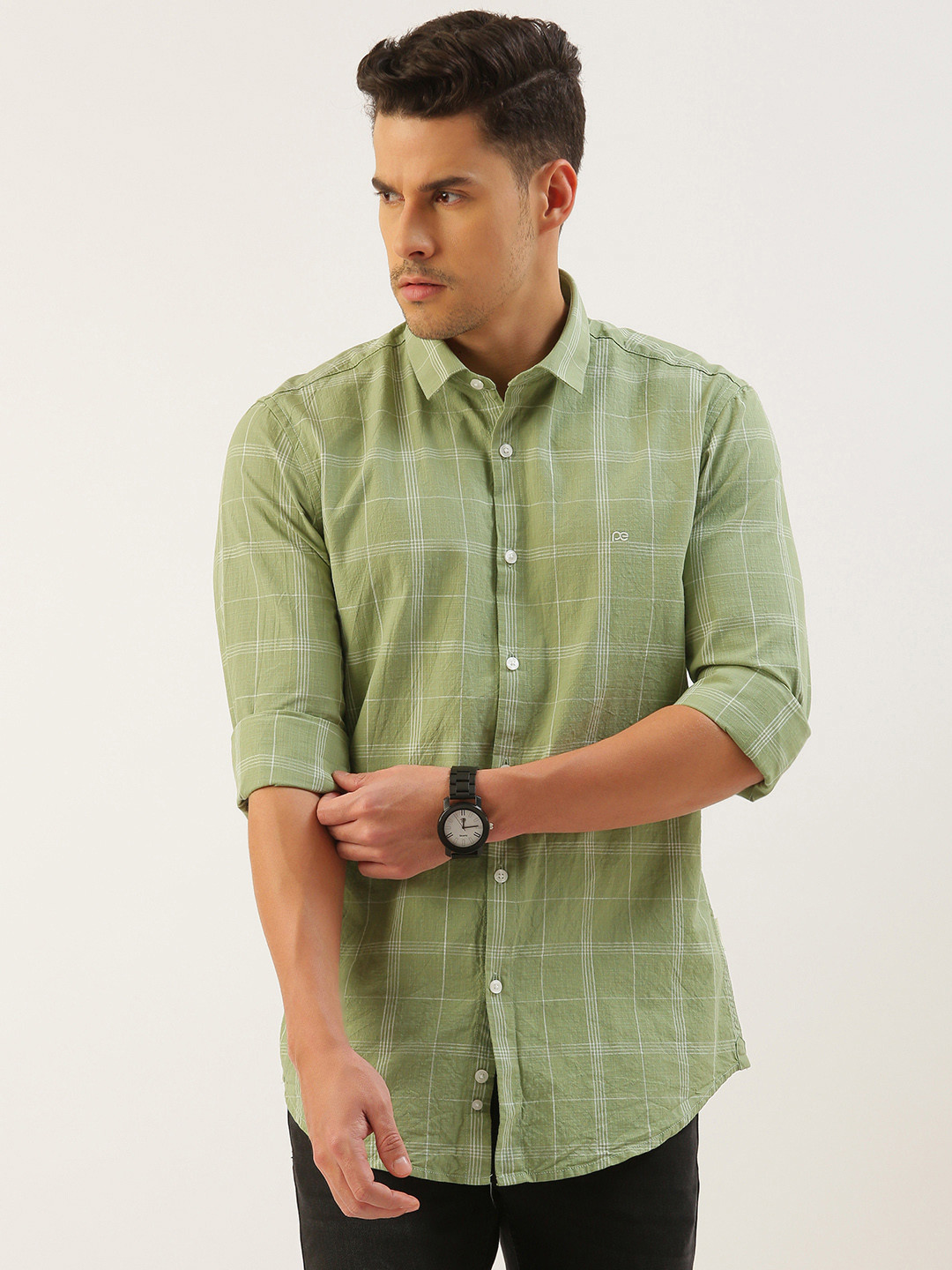

Peter England Better Jeans Company Men Super Slim Fit Checked Pure Cotton Casual Shirt, Olive