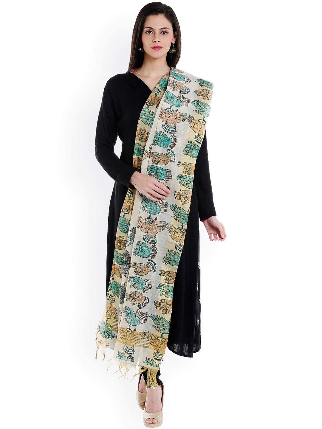 

Dupatta Bazaar Cream-Coloured & Green Block Print Cotton Silk Dupatta