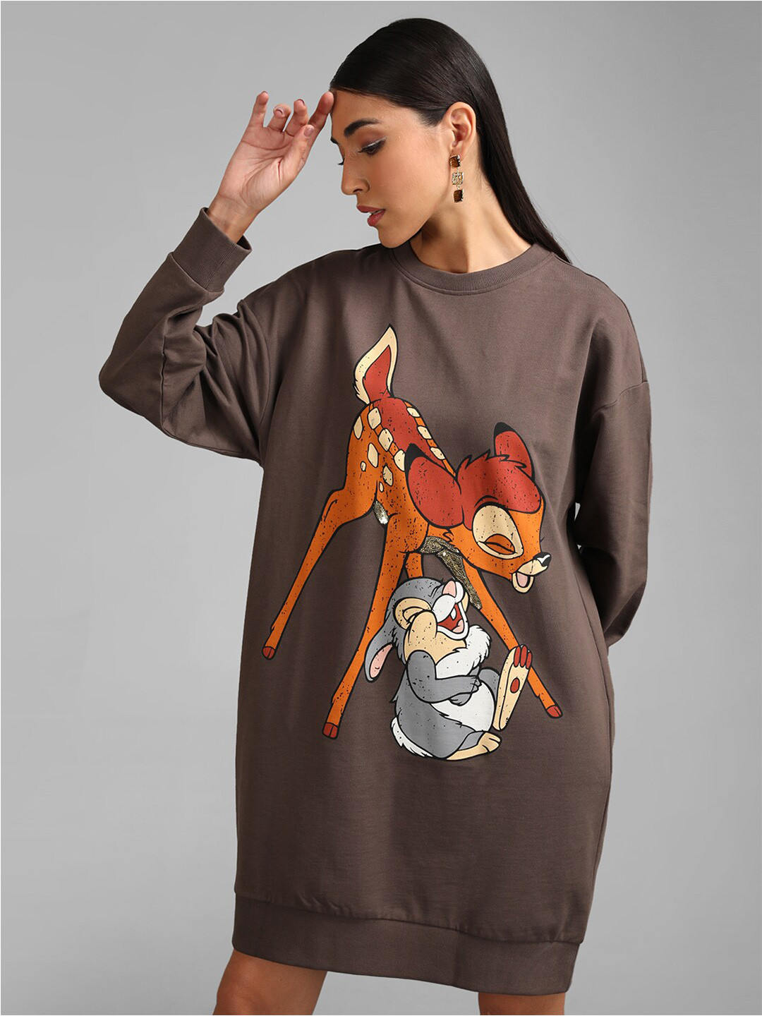 

Kazo Bambi Disney Graphic Printed Cotton T-shirt Dress, Brown