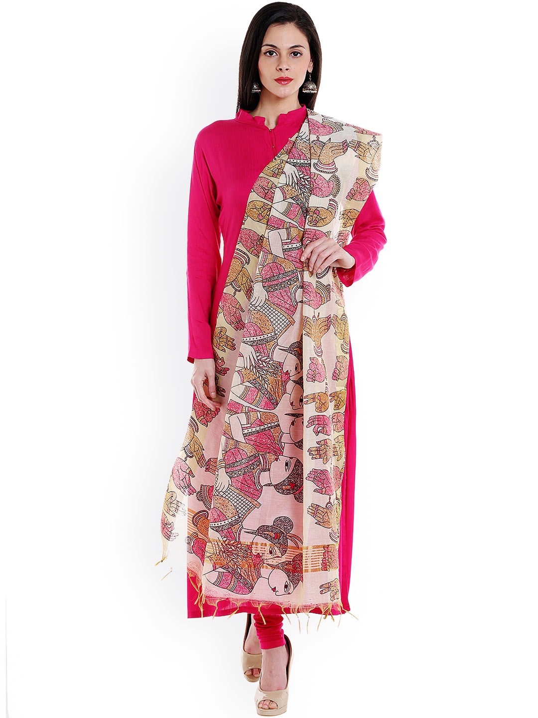 

Dupatta Bazaar Cream-Coloured & Pink Block Print Cotton Silk Dupatta