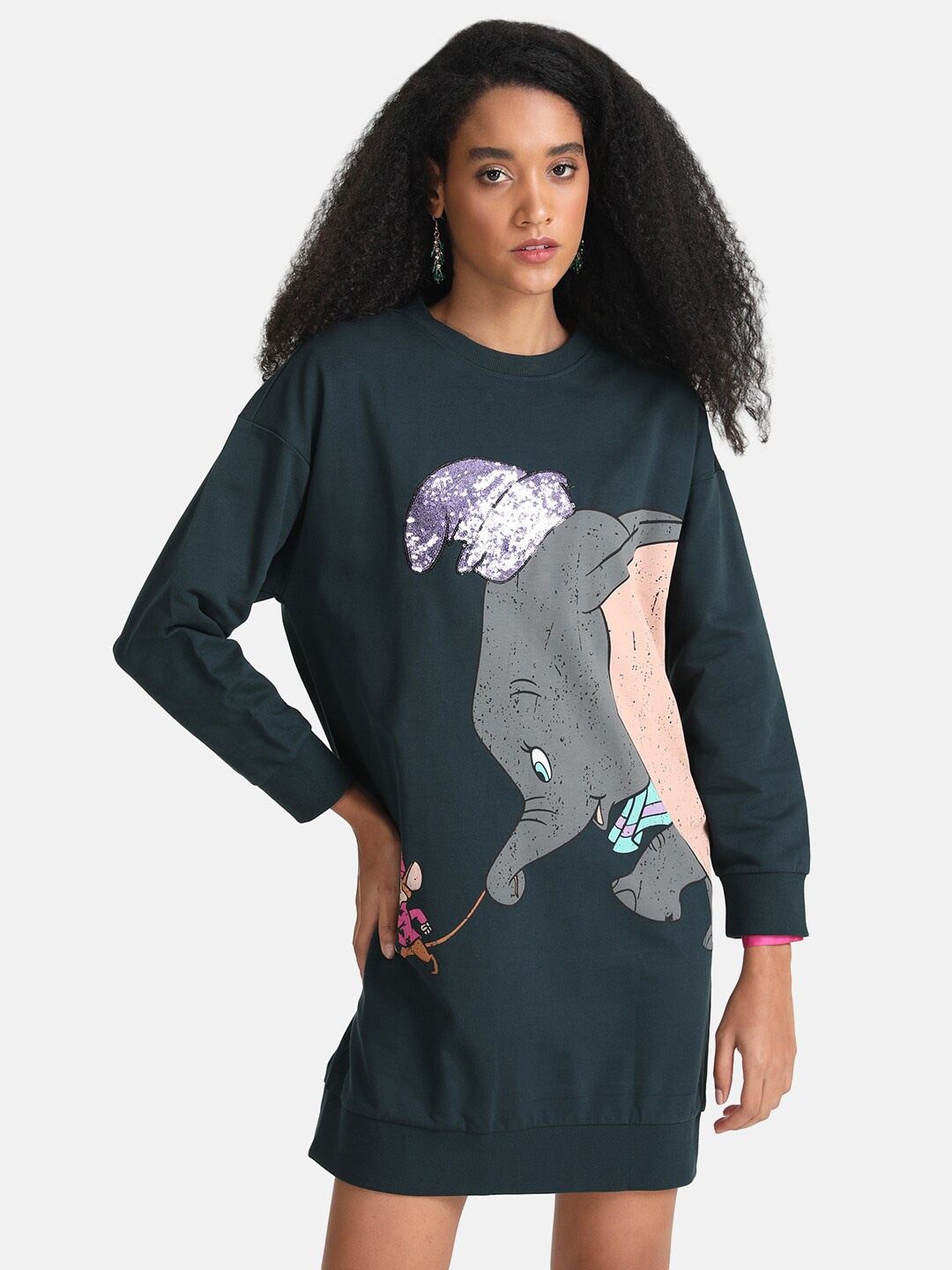 

Kazo Dumbo Disney Graphic Printed Cotton T-shirt Dress, Green