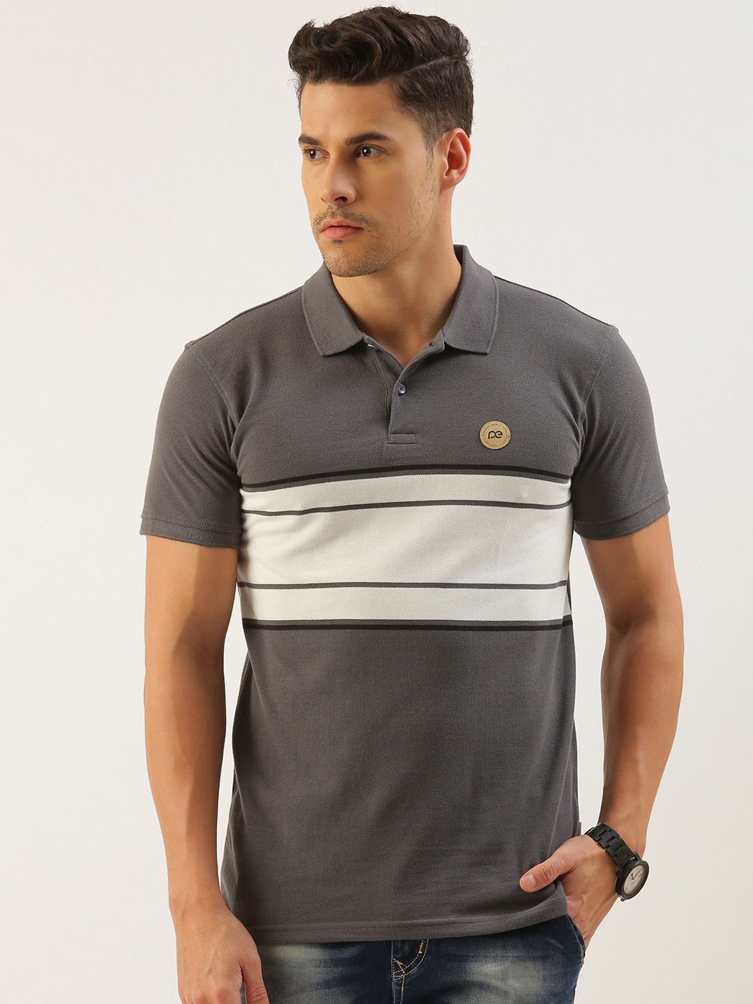 

Peter England Better Jeans Company Men Colourblocked Polo Collar Slim Fit T-shirt, Charcoal