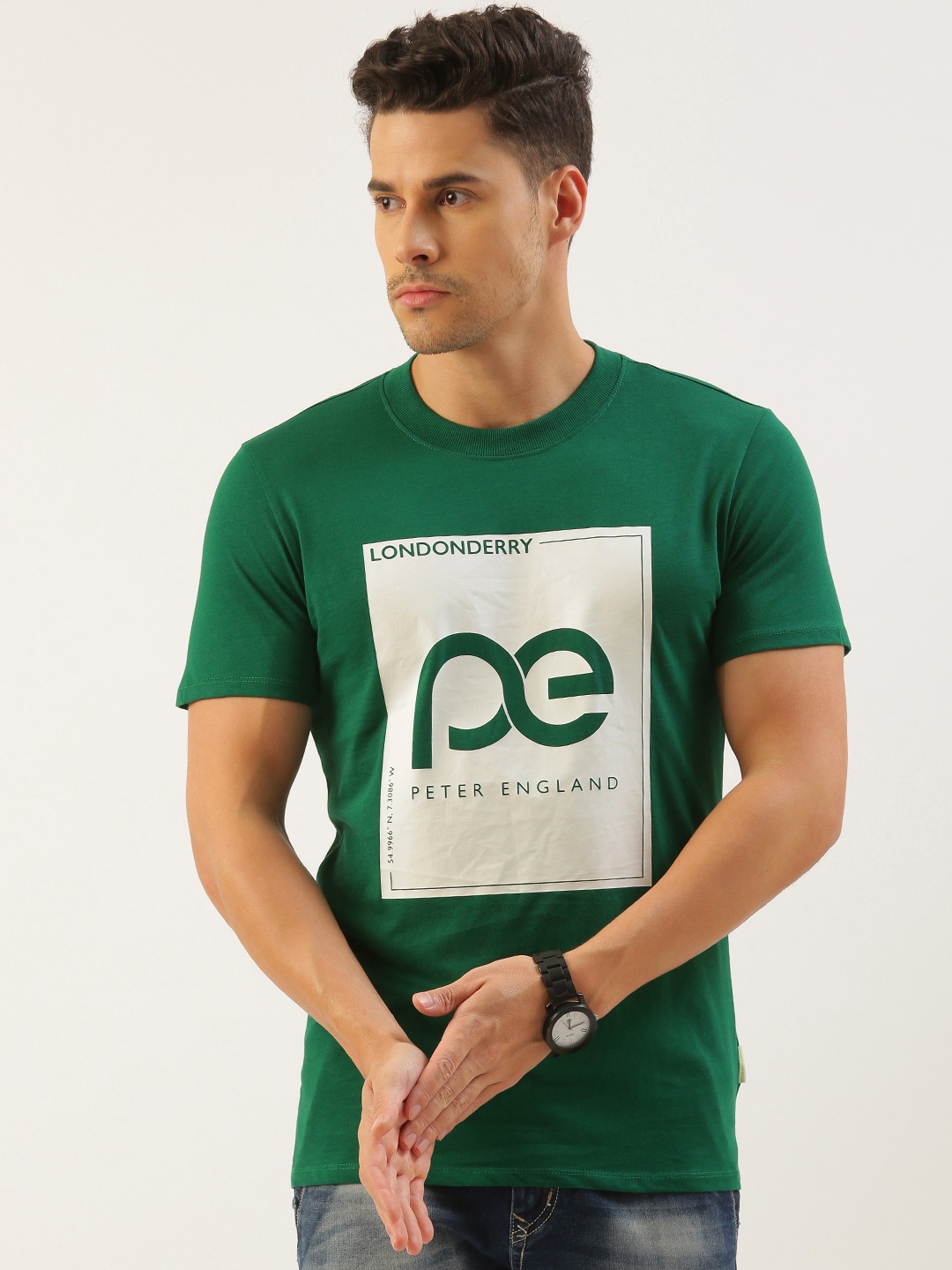 

Peter England Better Jeans Company Men Brand Logo Printed Pure Cotton Slim Fit T-shirt, Green