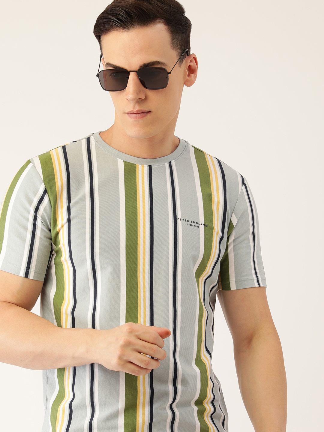 

Peter England Better Jeans Company Men Striped Pure Cotton Slim Fit T-shirt, Blue