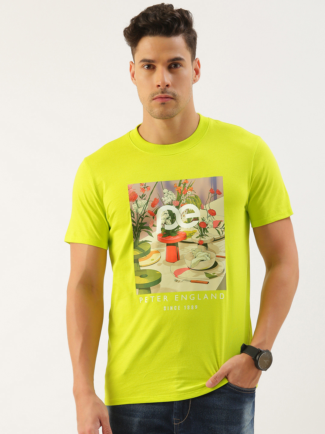 

Peter England Better Jeans Company Men Printed Pure Cotton Slim Fit T-shirt, Lime green