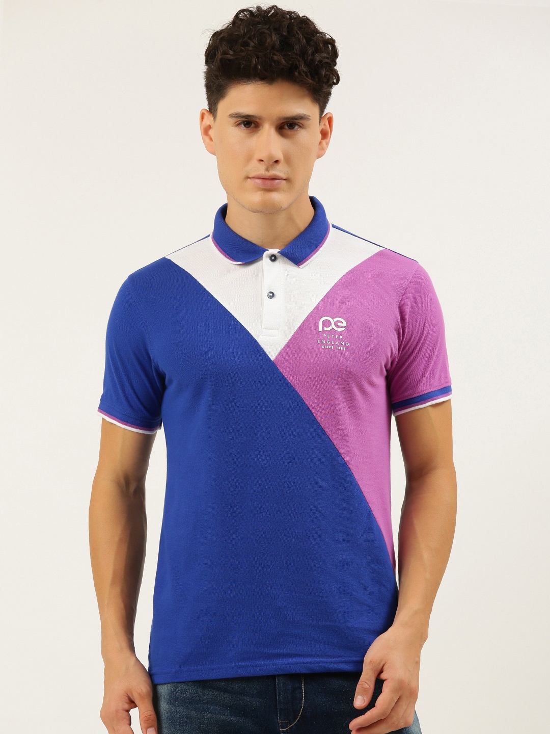 

Peter England Better Jeans Company Men Blue & White Colourblocked Polo Collar Slim Fit T-shirt