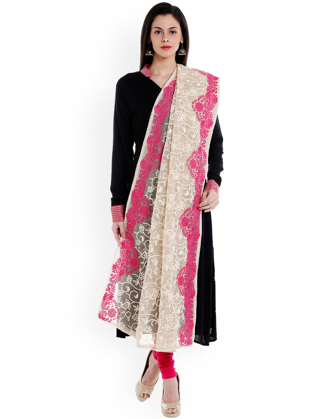 

Dupatta Bazaar Cream-Coloured & Pink Embroidered Cotton Dupatta