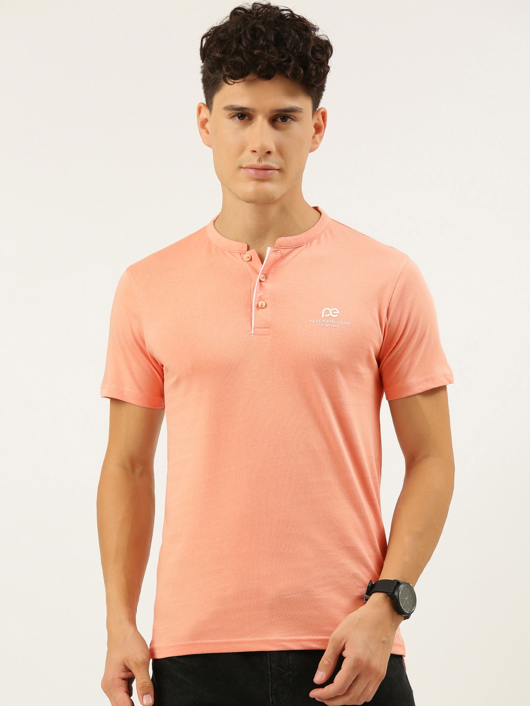 

Peter England Better Jeans Company Men Peach-Coloured Henley Neck Pure Cotton Slim Fit T-shirt