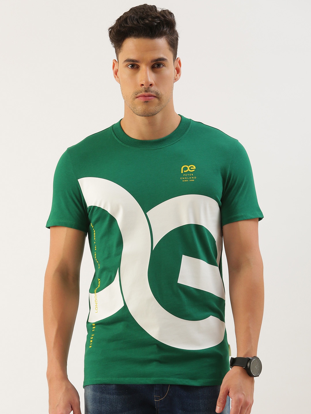 Peter England Better Jeans Company Men Printed Pure Cotton Slim Fit T-shirt, Green