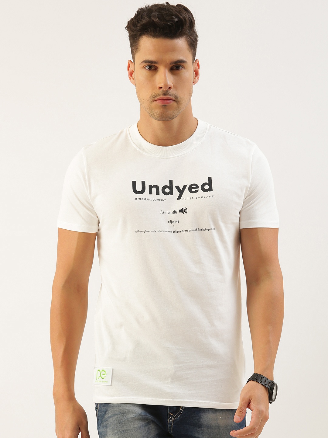 

Peter England Better Jeans Company Undyed Typography Printed Pure Cotton Slim Fit T-shirt, White