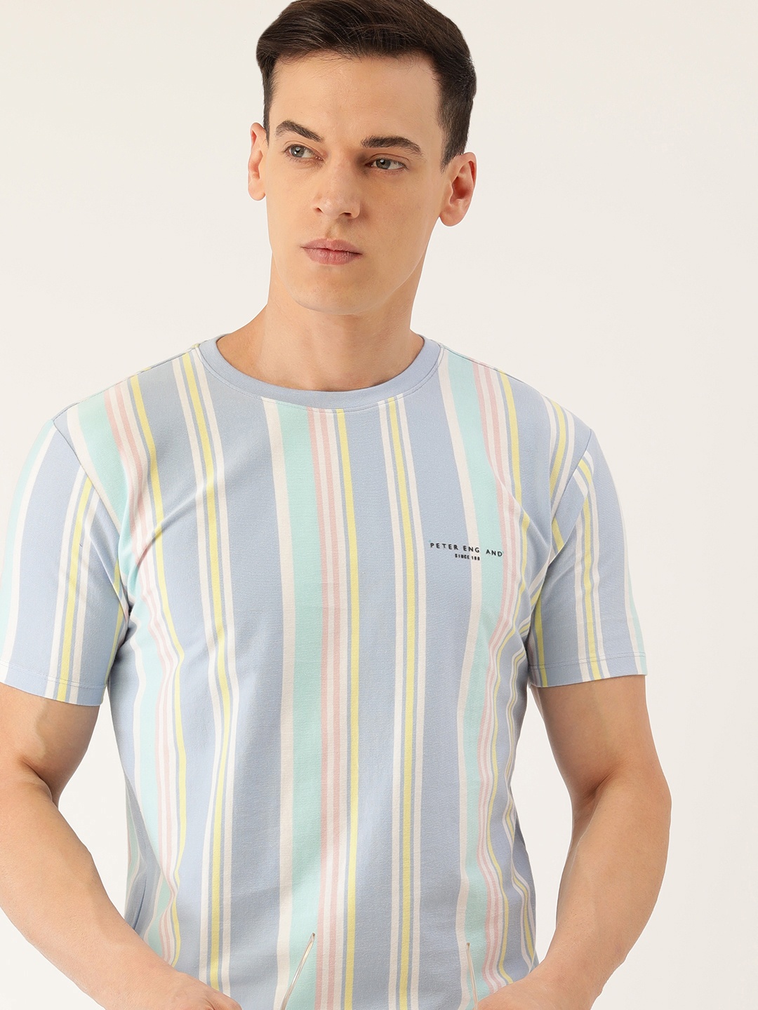 

Peter England Better Jeans Company Men Striped Pure Cotton Slim Fit T-shirt, Blue