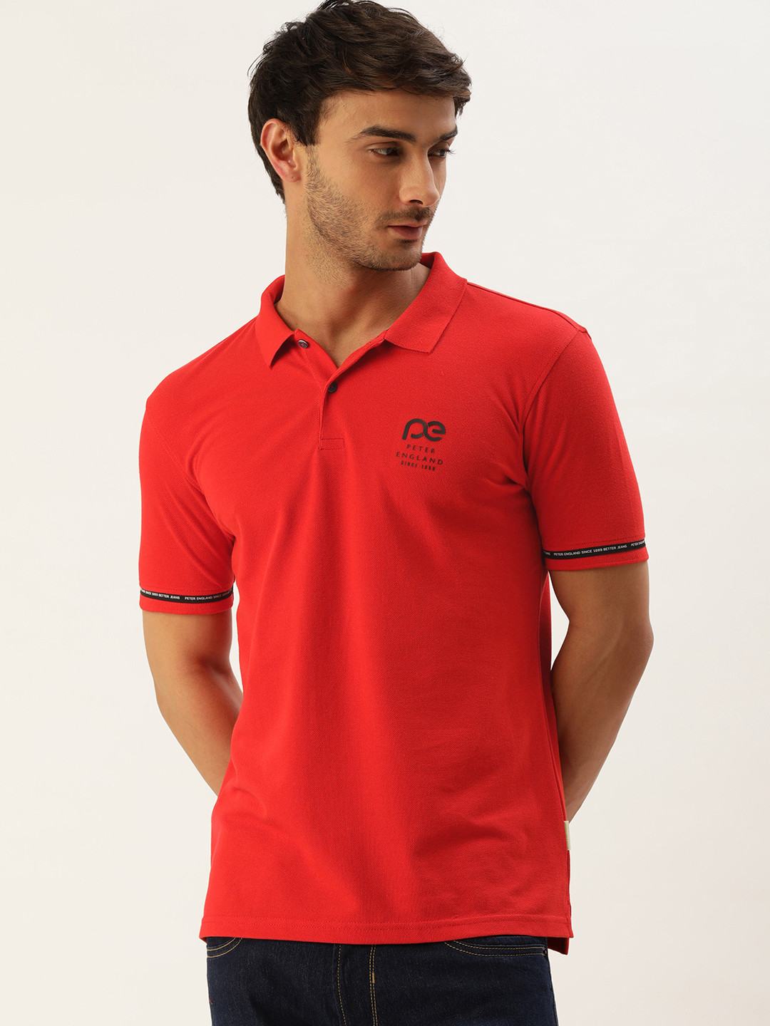 

Peter England Better Jeans Company Men Polo Collar Slim Fit T-shirt, Red