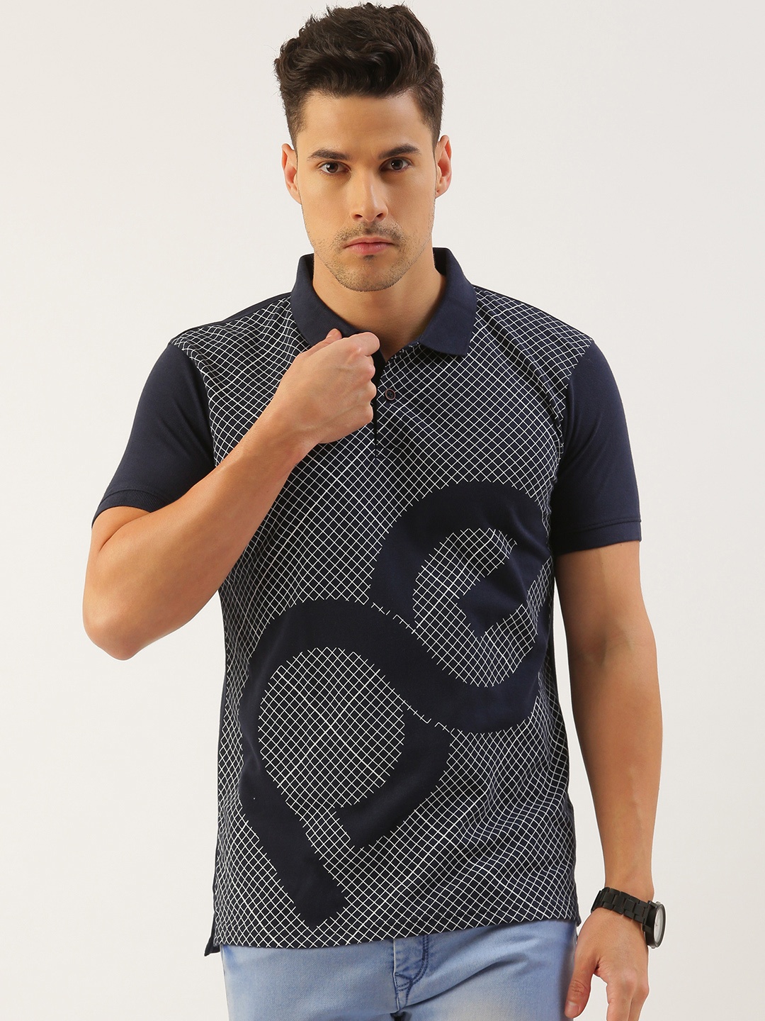 

Peter England Better Jeans Company Men Checked And Printed Polo Collar Slim Fit T-shirt, Navy blue