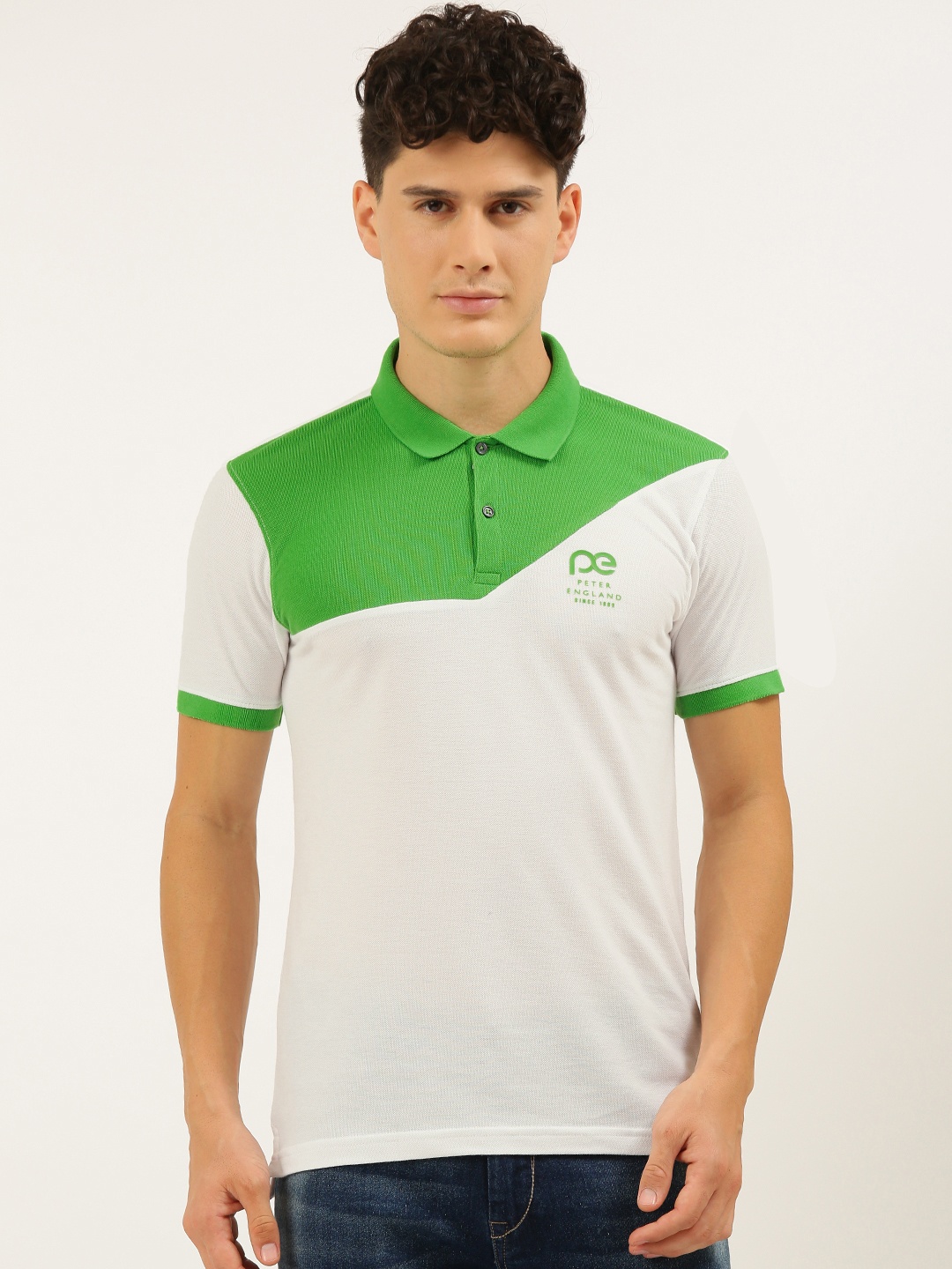 

Peter England Better Jeans Company Men White & Green Colourblocked Polo Collar Slim Fit T-shirt