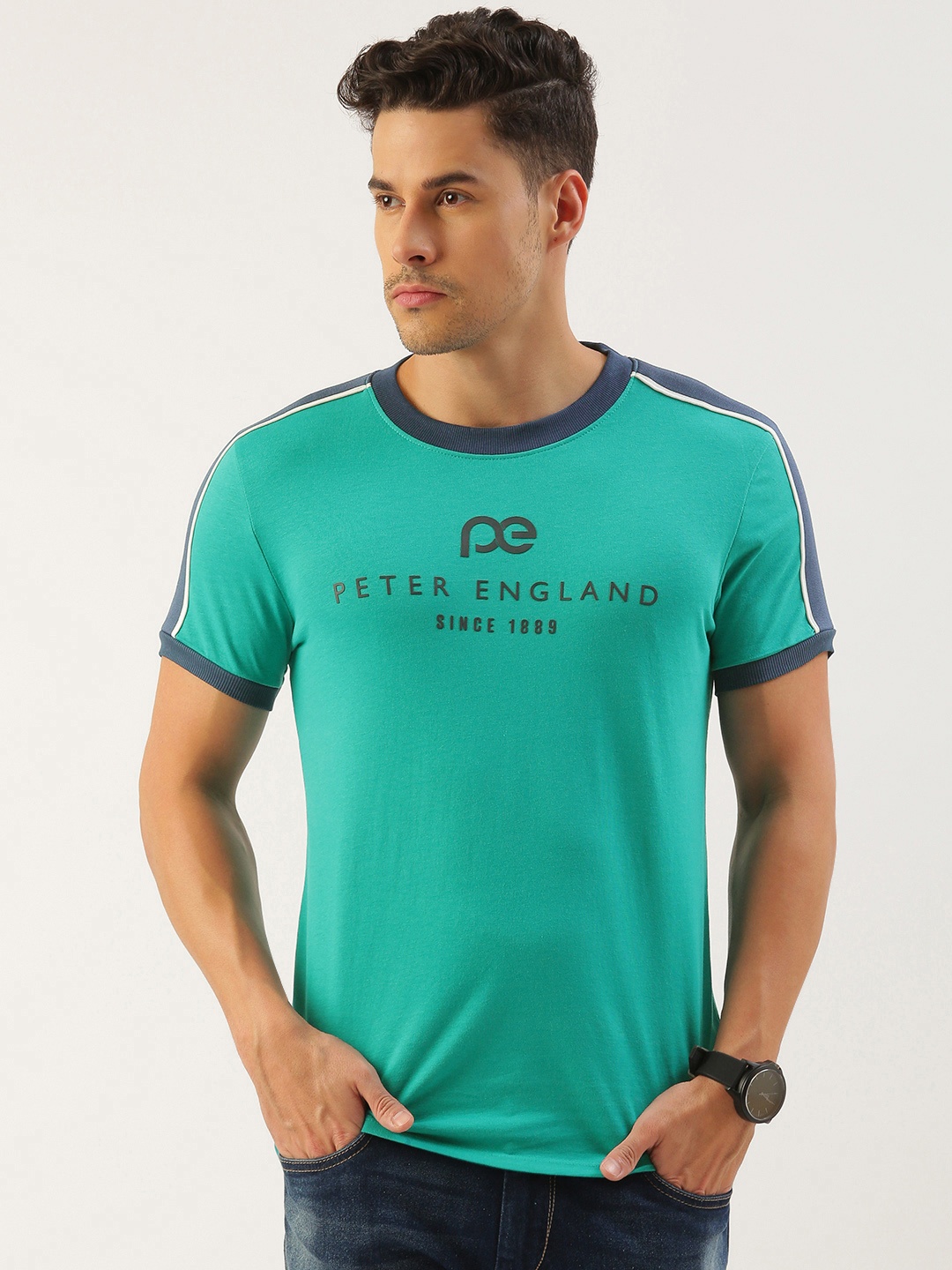 

Peter England Better Jeans Company Men Brand Logo Pure Cotton Applique Slim Fit T-shirt, Sea green