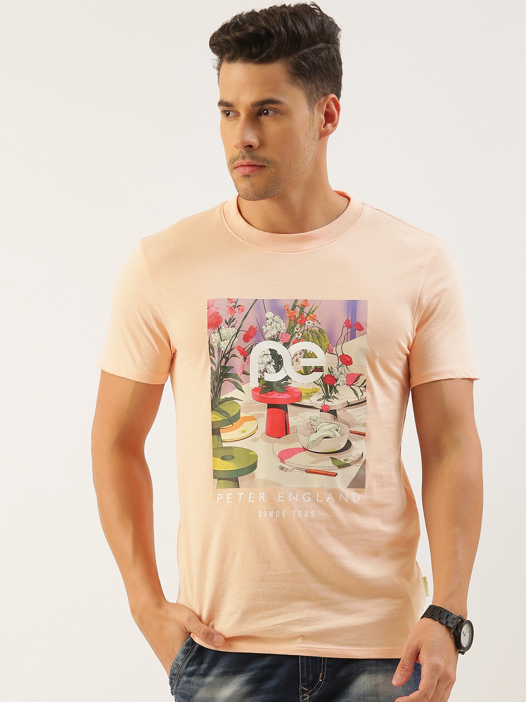 

Peter England Better Jeans Company Men Printed Pure Cotton Slim Fit T-shirt, Peach