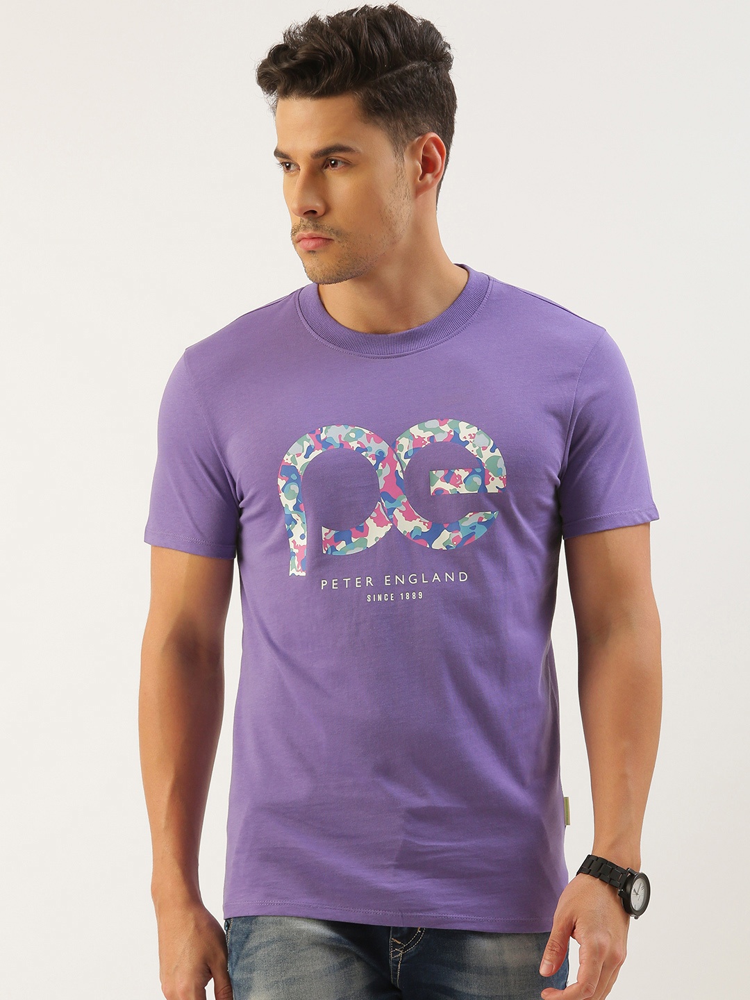 

Peter England Better Jeans Company Men Printed Pure Cotton Slim Fit T-shirt, Violet