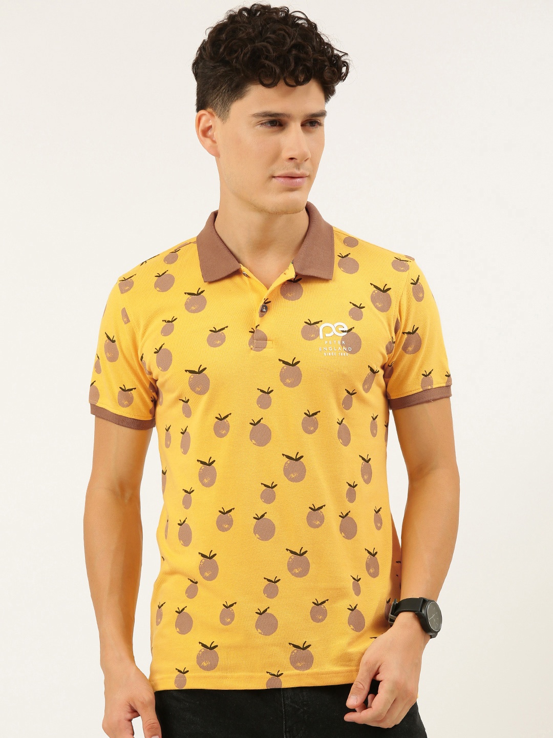 

Peter England Better Jeans Company Men Yellow & Brown Printed Polo Collar Slim Fit T-shirt