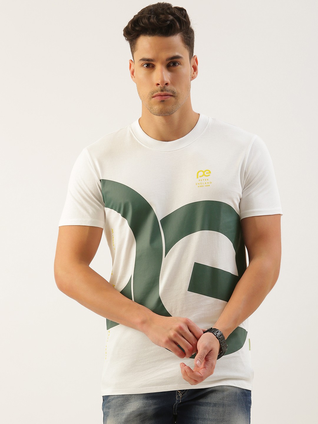 

Peter England Better Jeans Company Men Printed Pure Cotton Applique Slim Fit T-shirt, White