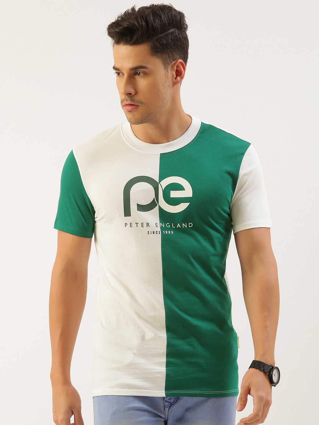 

Peter England Better Jeans Company Men Colourblocked Pure Cotton Slim Fit T-shirt, Green