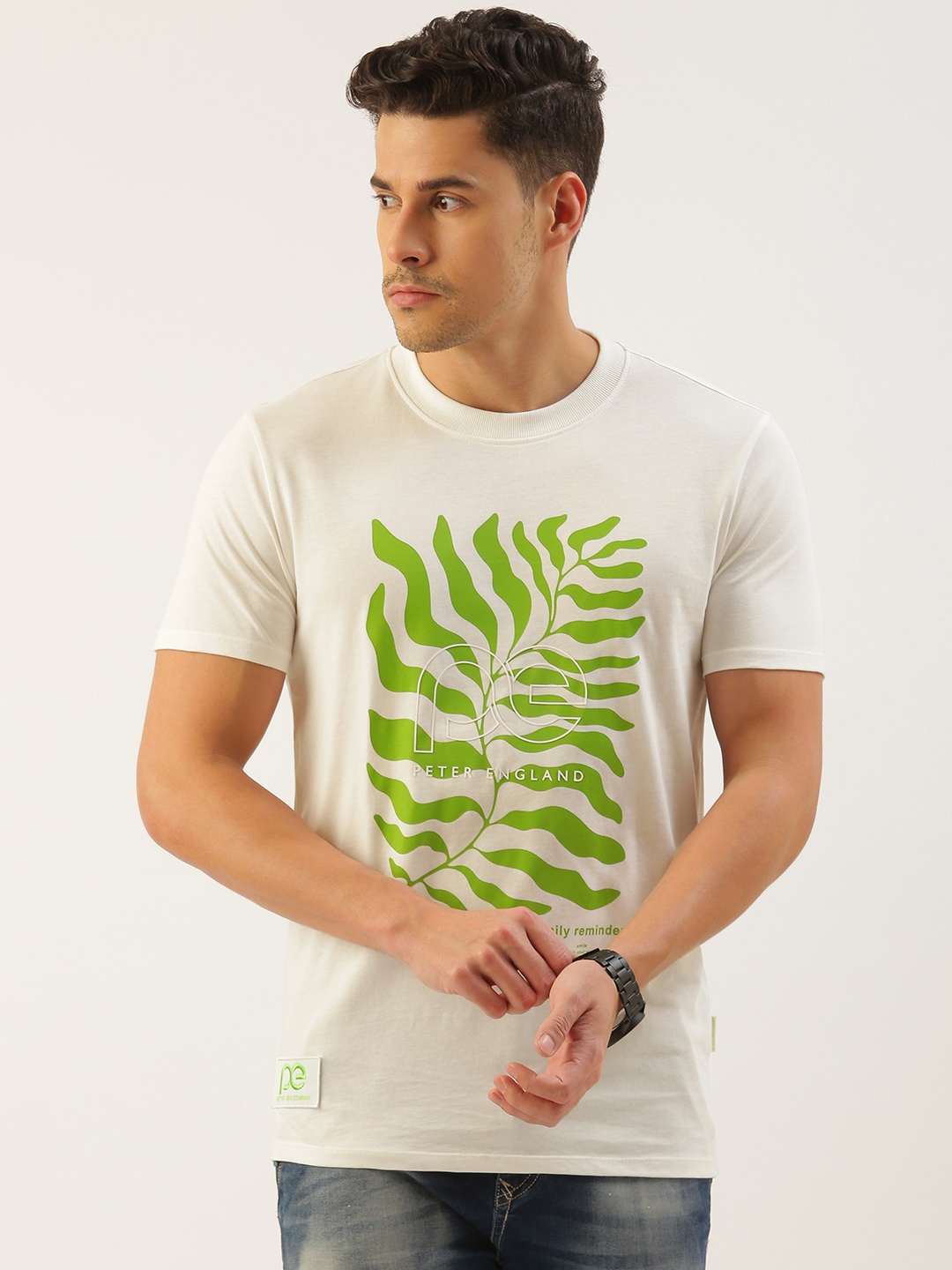 

Peter England Better Jeans Company Undyed Printed Pure Cotton Slim Fit T-shirt, White
