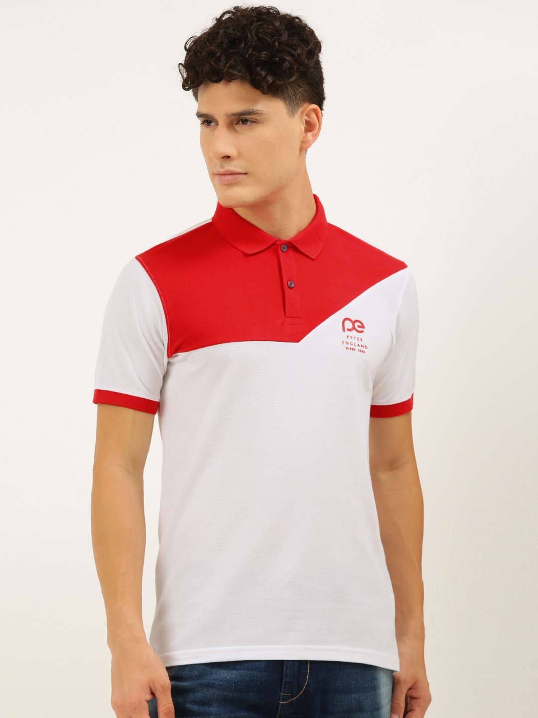 

Peter England Better Jeans Company Men White & Red Colourblocked Polo Collar Slim Fit T-shirt