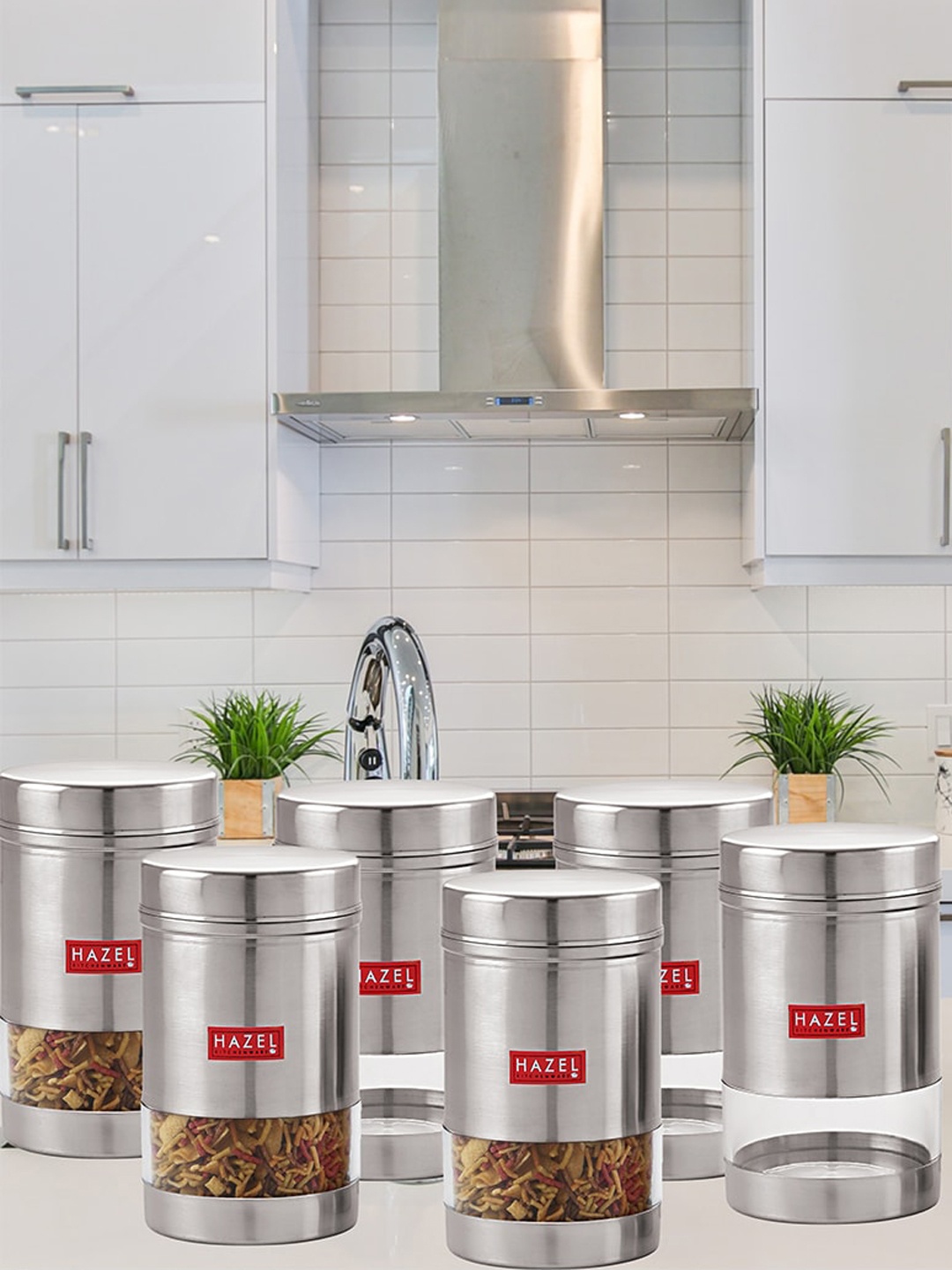 

HAZEL Silver-Toned Set Of 6 Stainless Steel Containers Kitchen Storage 1.7 L Each