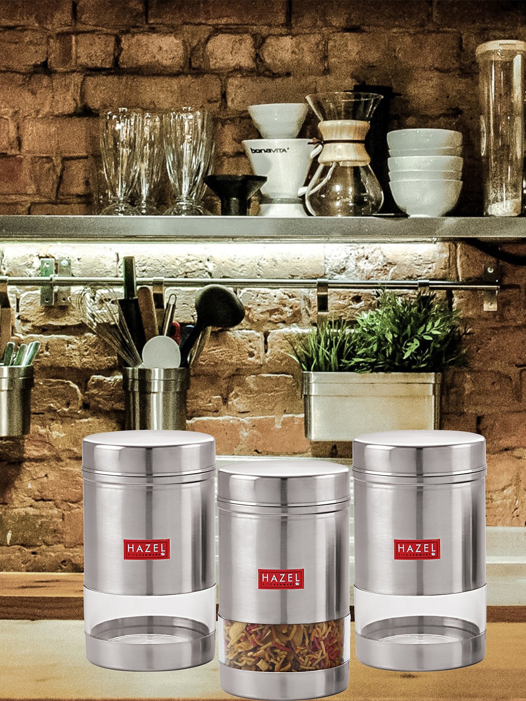 

HAZEL Silver-Toned Set Of 3 Stainless Steel Kitchen Storage Container With Lid 1.7 L Each