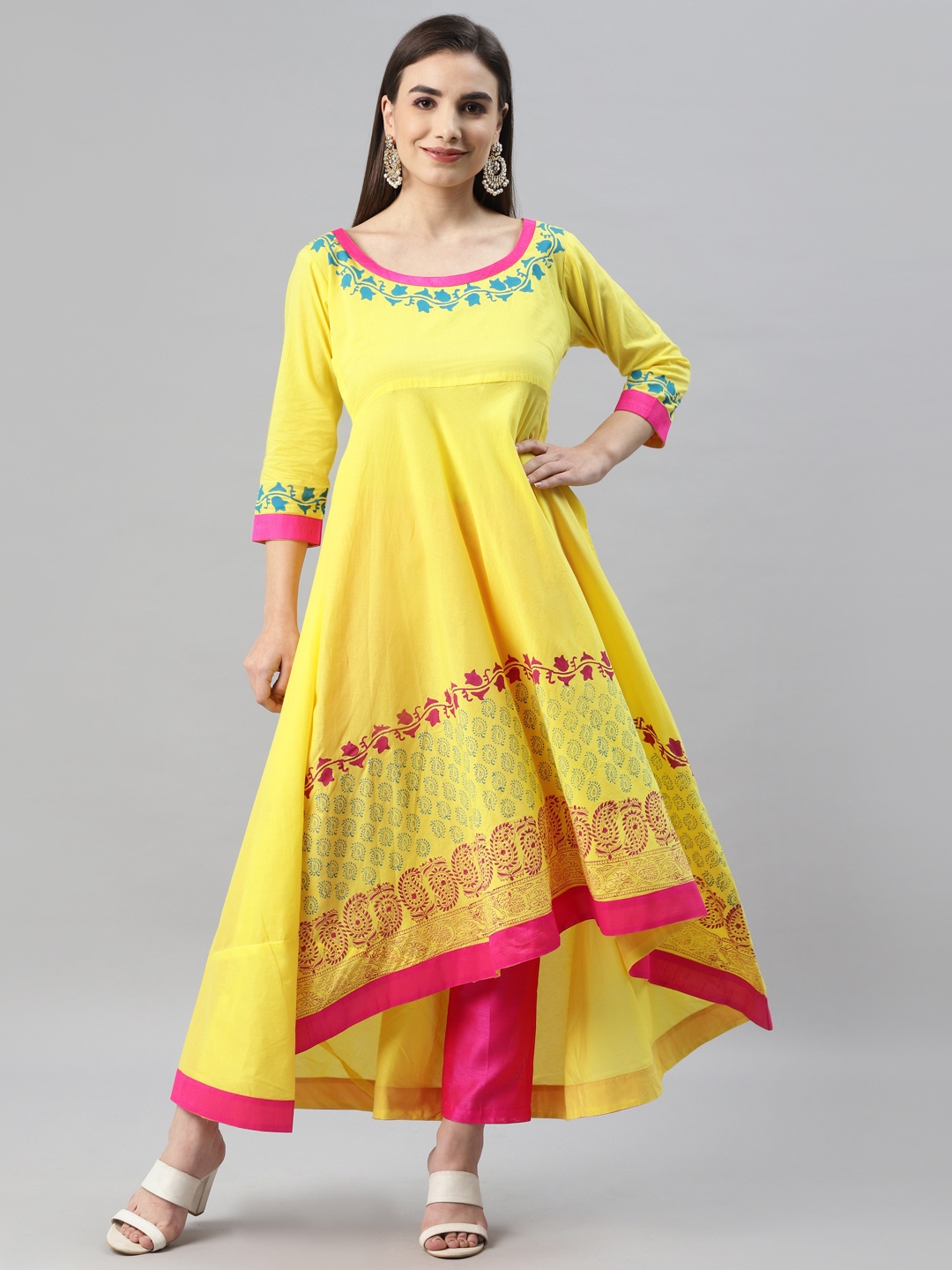 MBE Women Ethnic Motifs Printed Anarkali Kurta with Trousers, Yellow