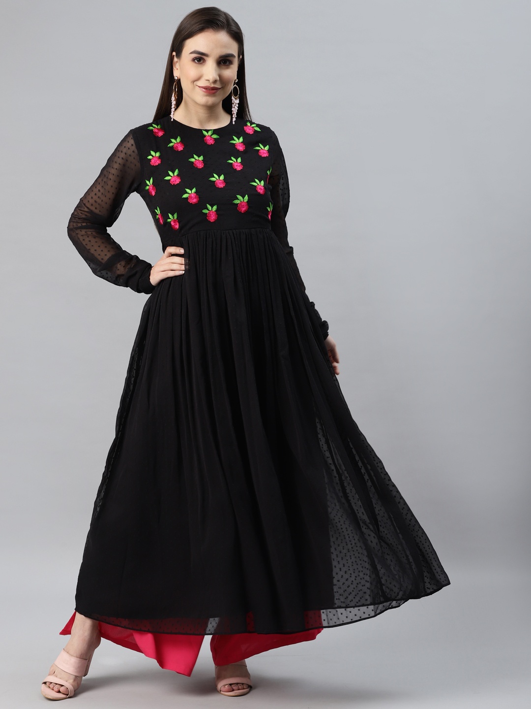 

MBE Women Black & Red Floral Embroidered Dobby Georgette Anarkali Kurta
