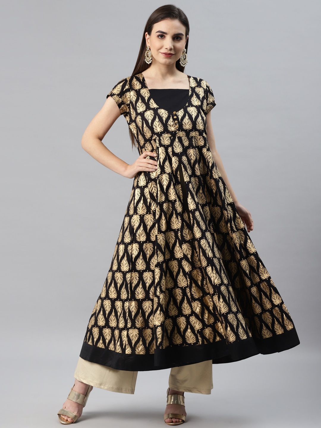 

MBE Women Black & Beige Ethnic Motifs Printed Anarkali Kurta