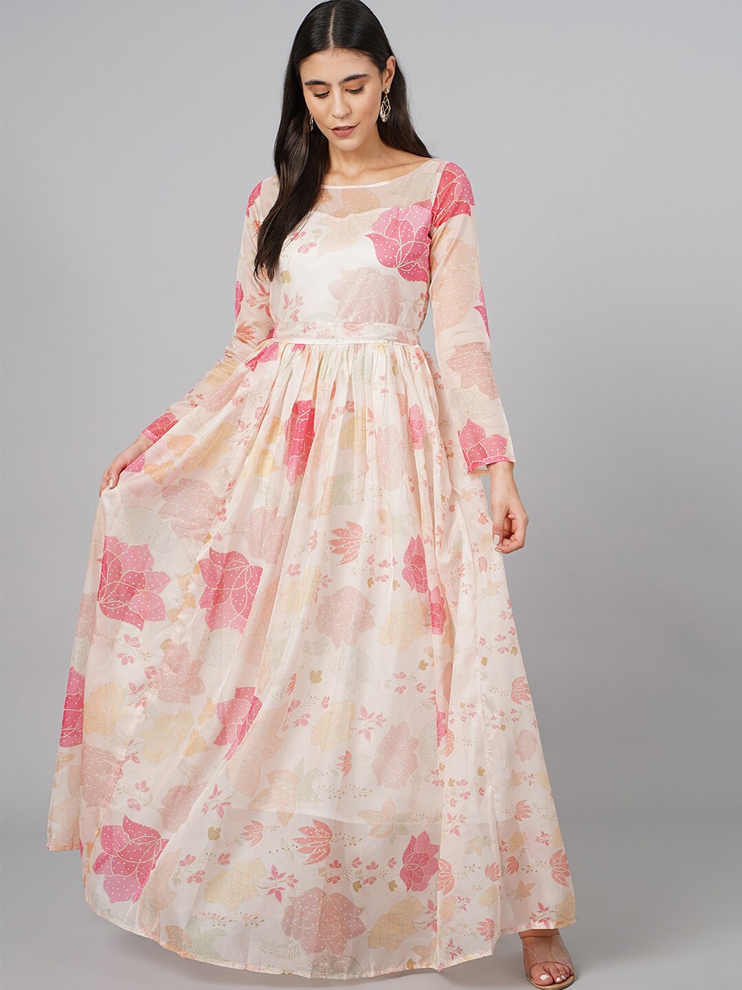 

SCORPIUS Women Off White & Pink Floral Maxi Maxi Dress
