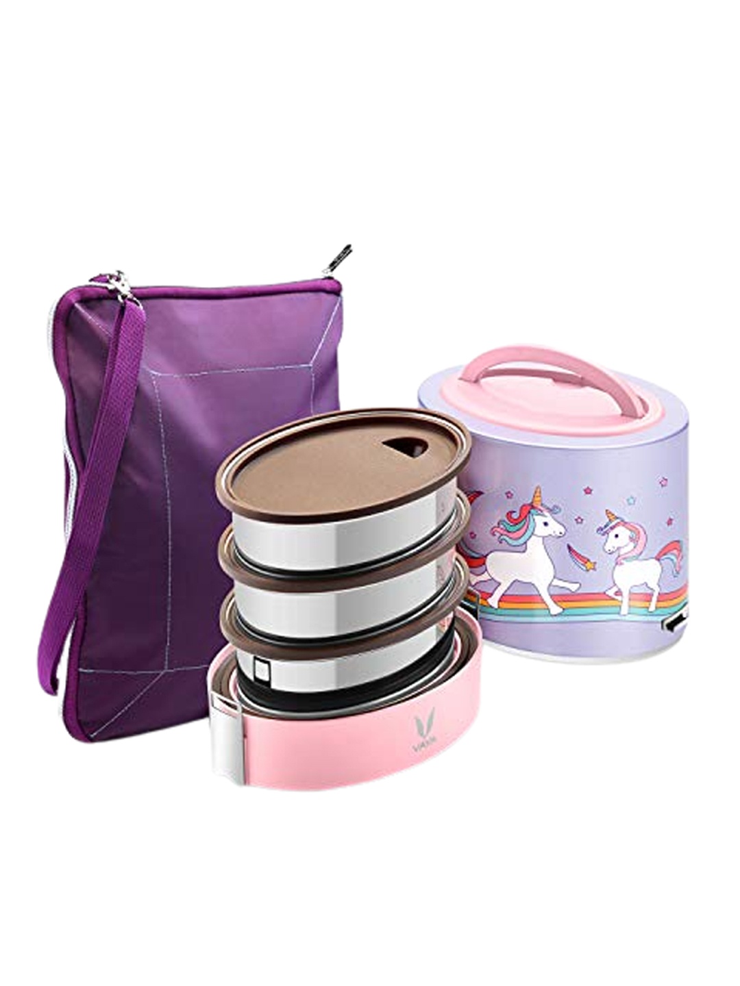 

Vaya Tyffyn Flex Pink & Purple Printed Stainless Steel Lunch Box With Cover 1 L