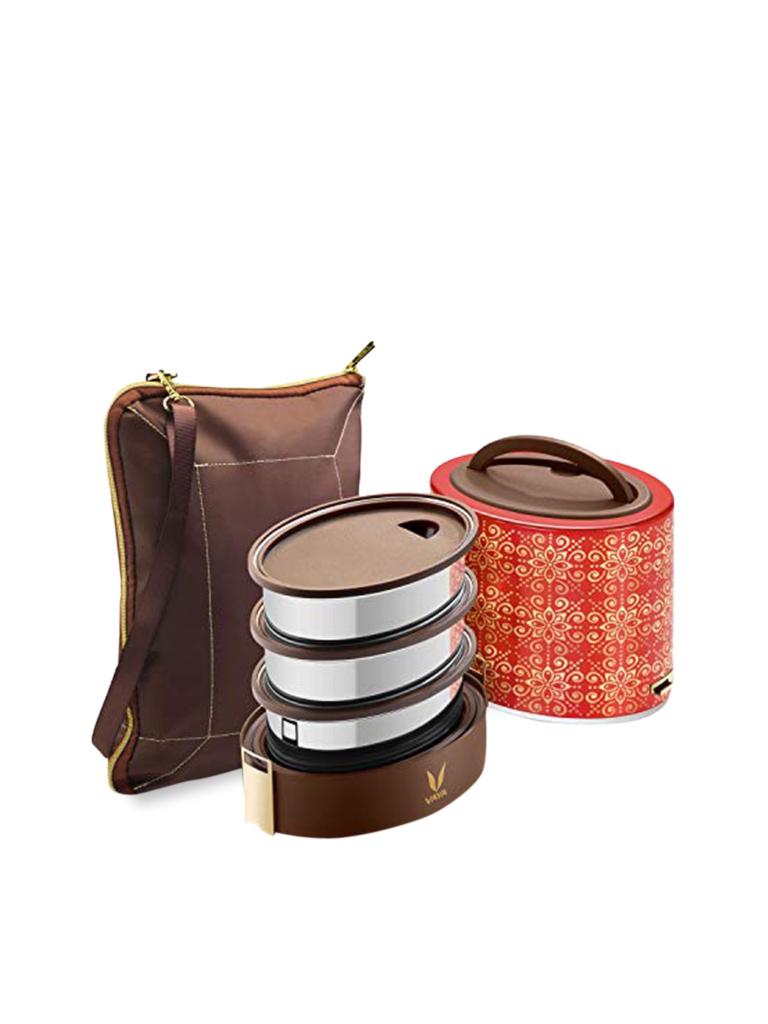 

Vaya Tyffyn Flex Red & Brown Printed Stainless Steel Lunch Box With 4 Containers 1 L